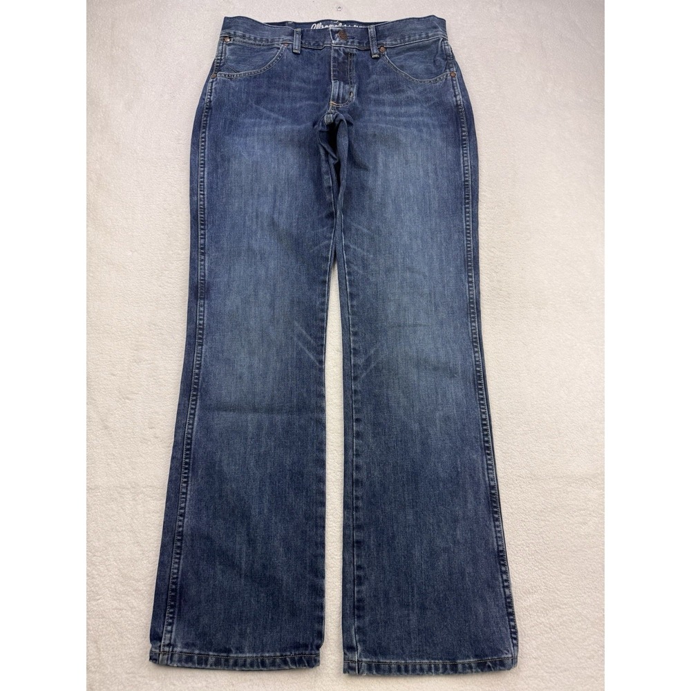Wrangler Retro Jeans Men's 33x34 Blue Relaxed Boot Whisker Distressed Denim